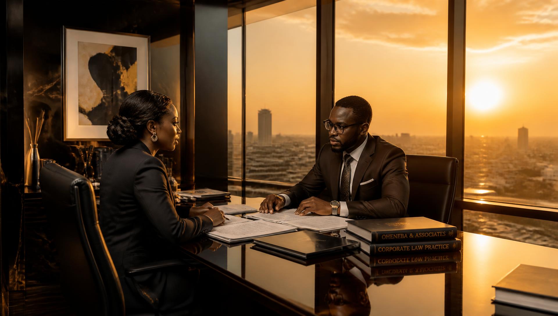 Partners of DNB Legal in discussion in a boardroom overlooking Accra at sunset